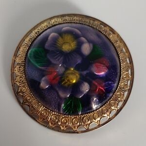 Glass Dome Floral Gilt Lacquer Work Vintage Brooch Pin Pendant c1960s